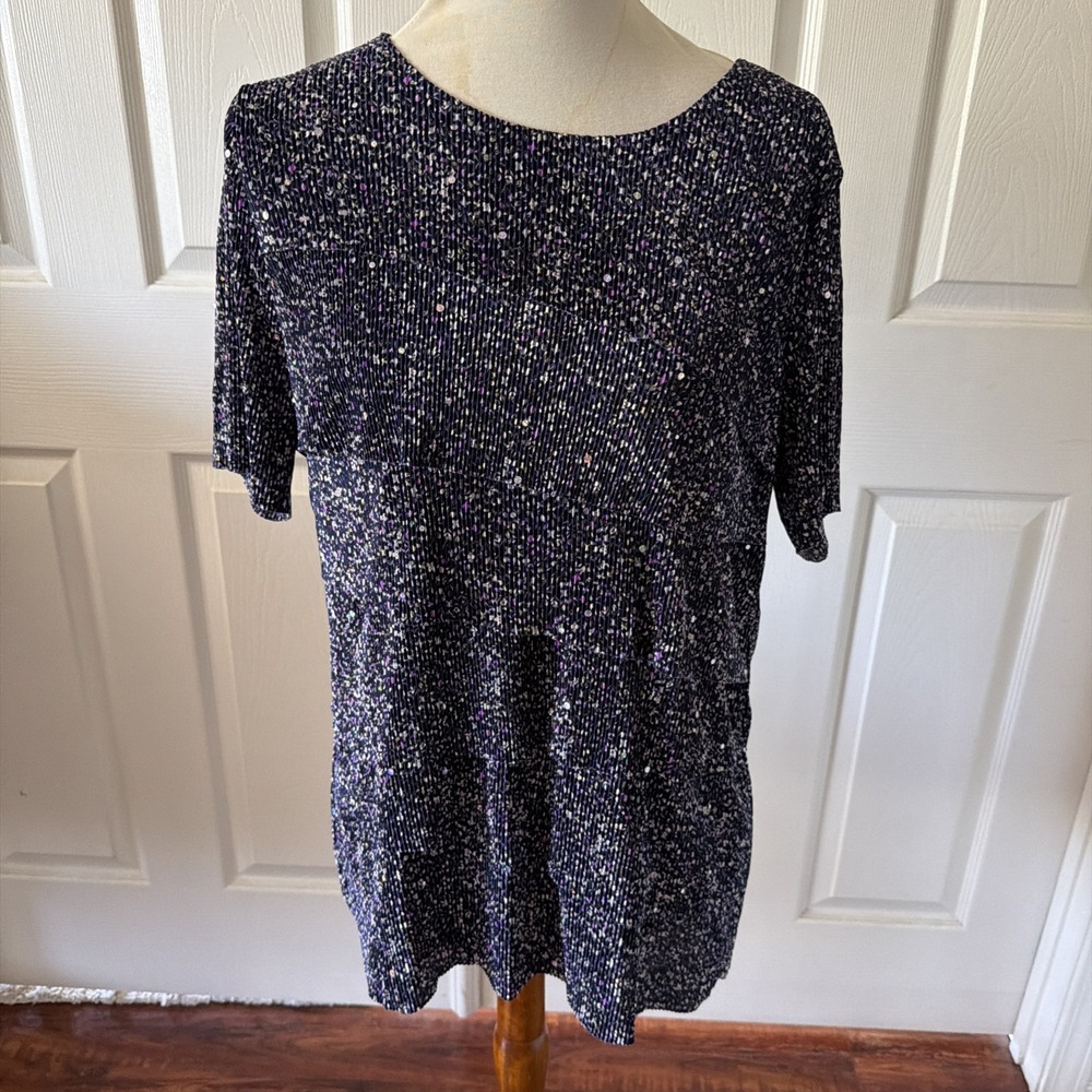 Floral Tiered Pleated Flutter Sleeve Lined Top 1X Blue Purple Sequins CJ Banks